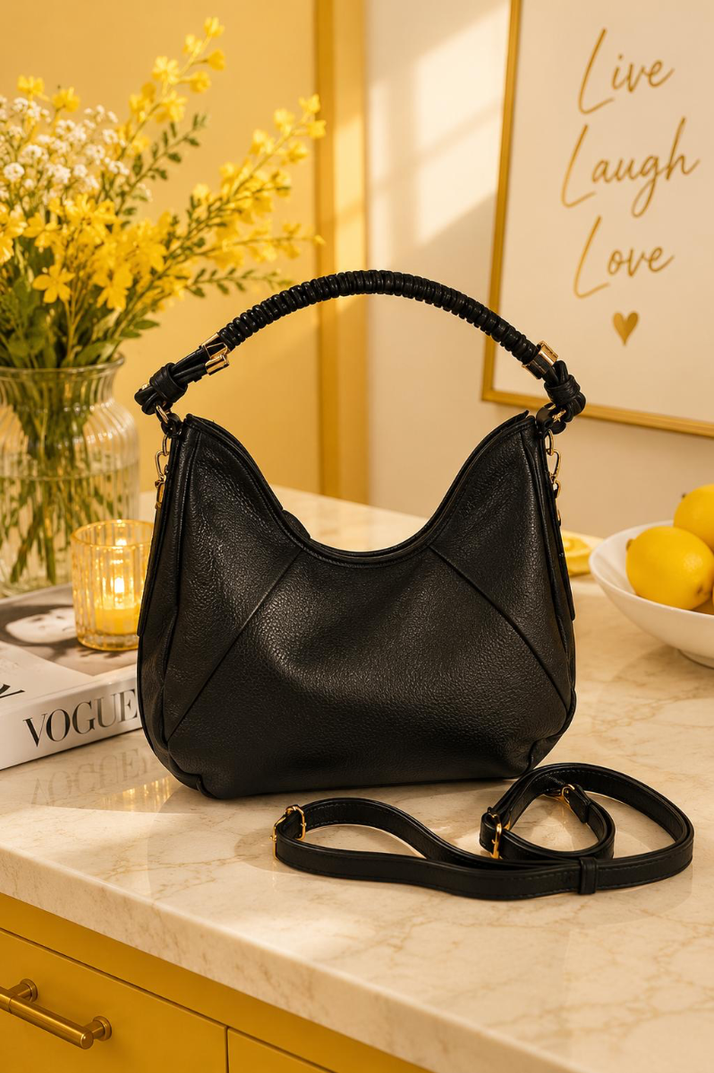 CARTERA NEGRA BASICA MANGO EN TRENZA