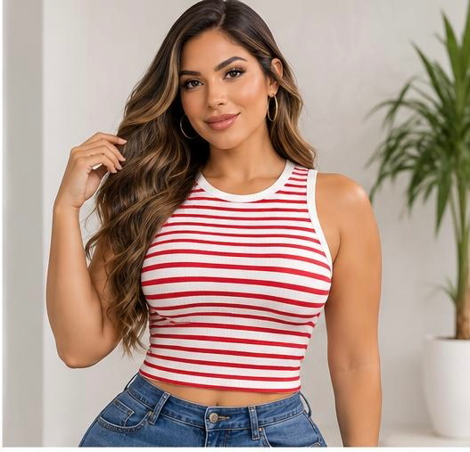 TOP SLEEVELESS ROUND NECK YARN RED/WHT