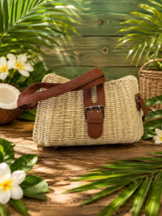 CARTERA CUADRADA EN PAJA CON CORREA FRENTE MARRON