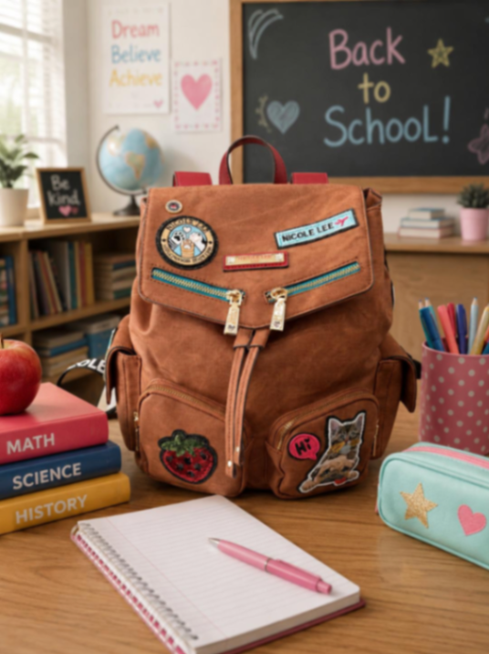 MOCHILA NICOLE LEE MARRON CON PARCHOS