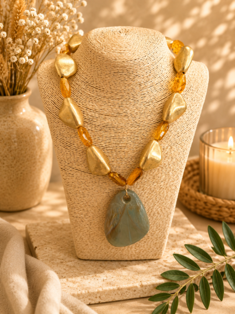 COLLAR AMARILLO DORADO CON PIEDRA AZUL/VERDE