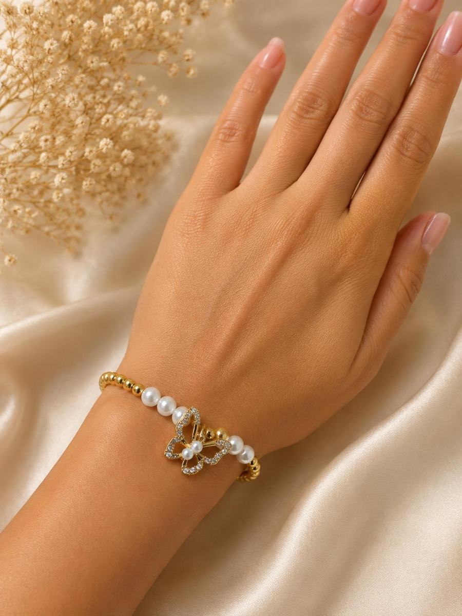 PULSERA MARIPOSA CON 2 PERLAS
