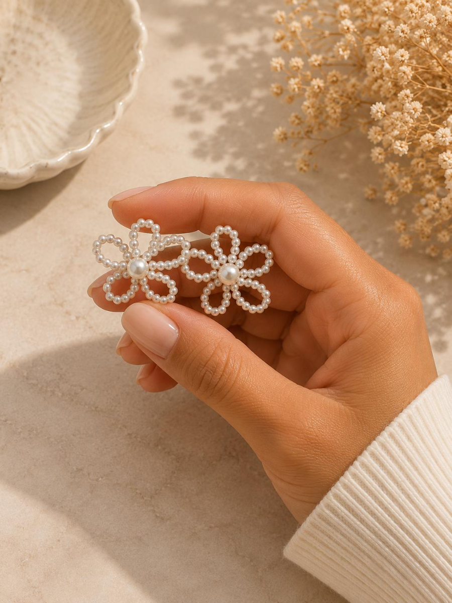 PANTALLAS EN FORMA DE FLOR PLATA CON PERLA