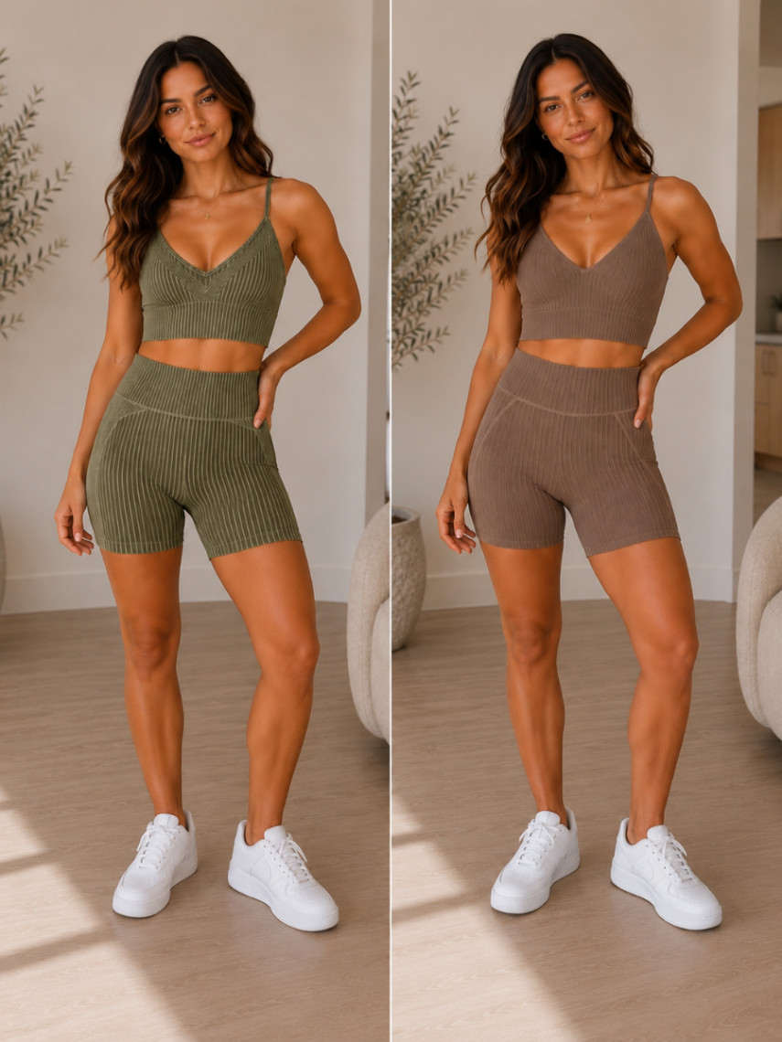 SET MOCHA/OLIVE SHORT SHIRT WITH SPAGHETTI STRAP
