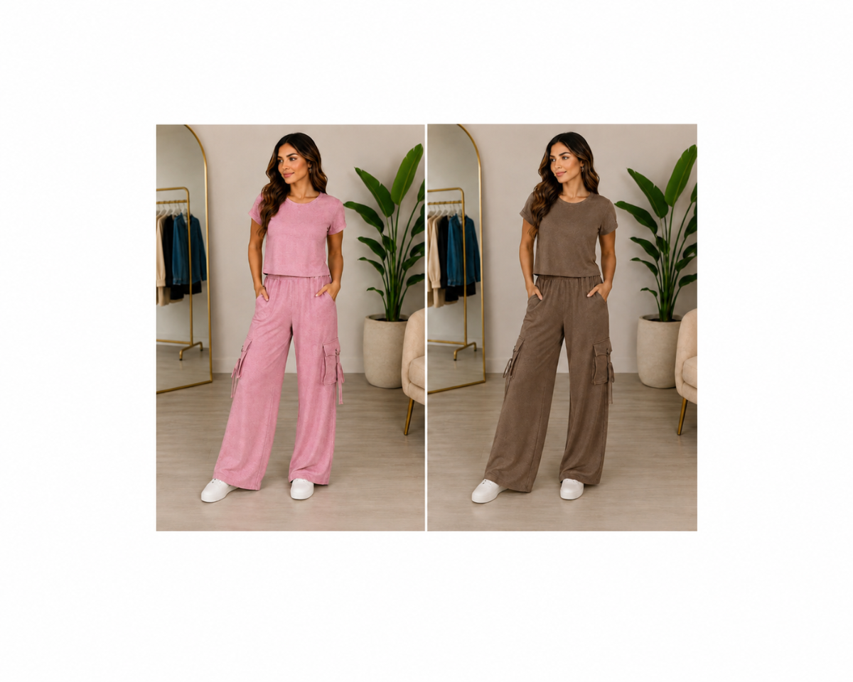 SET SHORT SLEEVE LONG PANT CARGO PINK/MOCHA